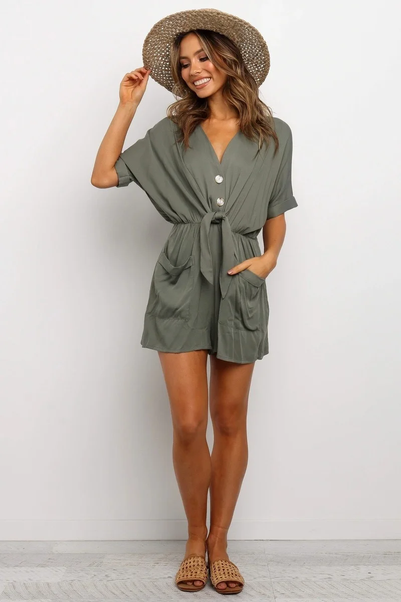 2023 Boho Indie Summer Playsuits Short-sleeved V Neck Loose Single-breasted Women Jumpsuit Casual Pockets Solid Rompers Lace New