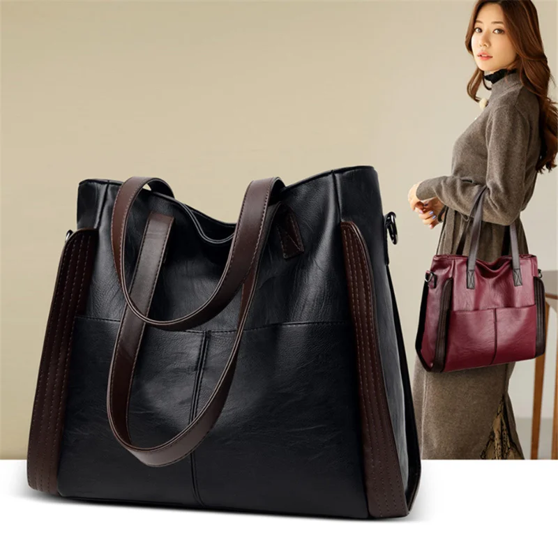 

Panelled Large Capacity Casual Totes Bag Vintage Leather Shoulder Bags for Women Luxury Designer Branded Female Crossbody Bag