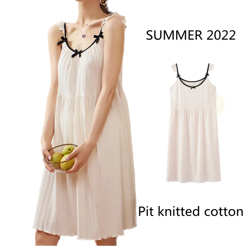 

2022 Summer New Ladies Nightdress Knitted Cotton Thin Section Suspenders Sleep Tops Night Gown Sleepwear Women Sexy Nightwear