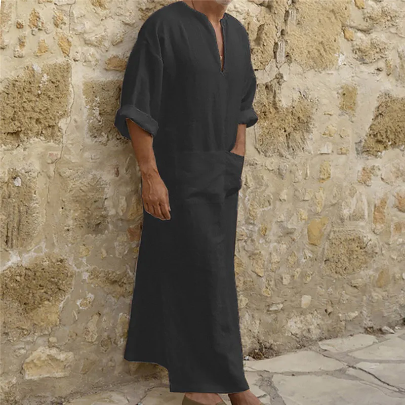 

Abaya Homme Islamic Arabic Kaftan Men Cotton Black White Long Sleeve Square Pocket Robes Dubai Middle East Men Muslim Clothes
