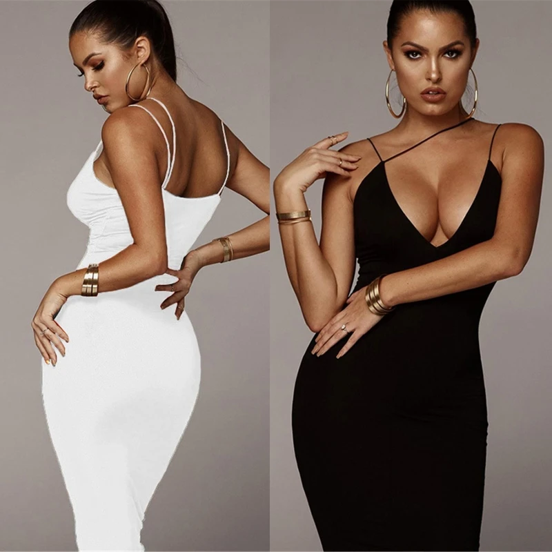 

Womens Summer Sleeveless Solid Color Midi Long Dress Cutout Asymmetrical Strappy Deep V-Neck Package Hip Party Clubwear