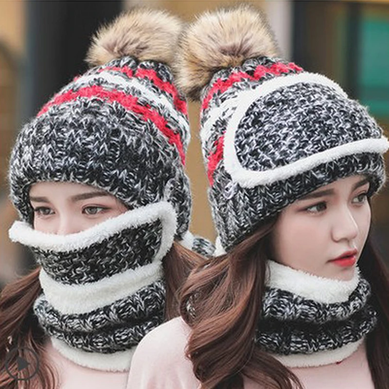 

Warm Winter Women Knitted Hats Add Fur Warm Winter Hats For Women Fashion Keep Face Warmer Balaclava Pompoms Cap