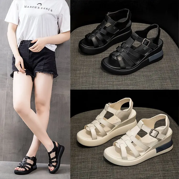 

Women Sandals Wedge Heel Casual Retro Flat Roman Shoes Ladies Shoes Non-Slip Solid Color Fashion Female Sandalias Zapatos Mujer