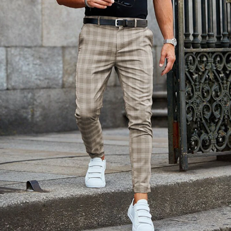 

2022 Fashion Plaid Printed Pencil Pants For Mens Vintage Mid Waist Button Trouser Male Summer Casual Long Pant Streetwear