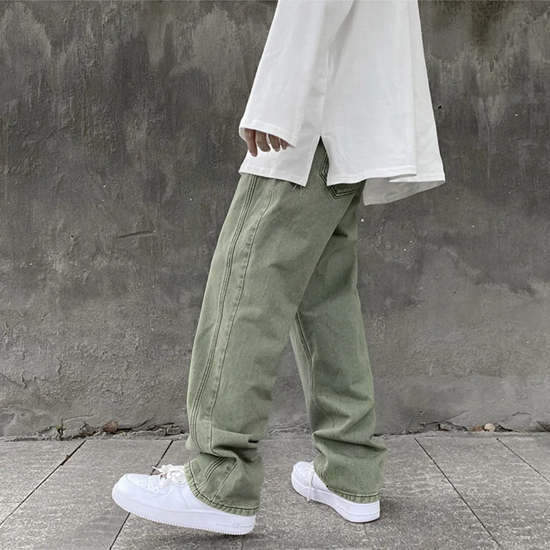 Green Jeans for Men Straight Loose Trousers Spring and Autumn Oversize Wide Leg Pants Casual High Street Fashion Male Clothing