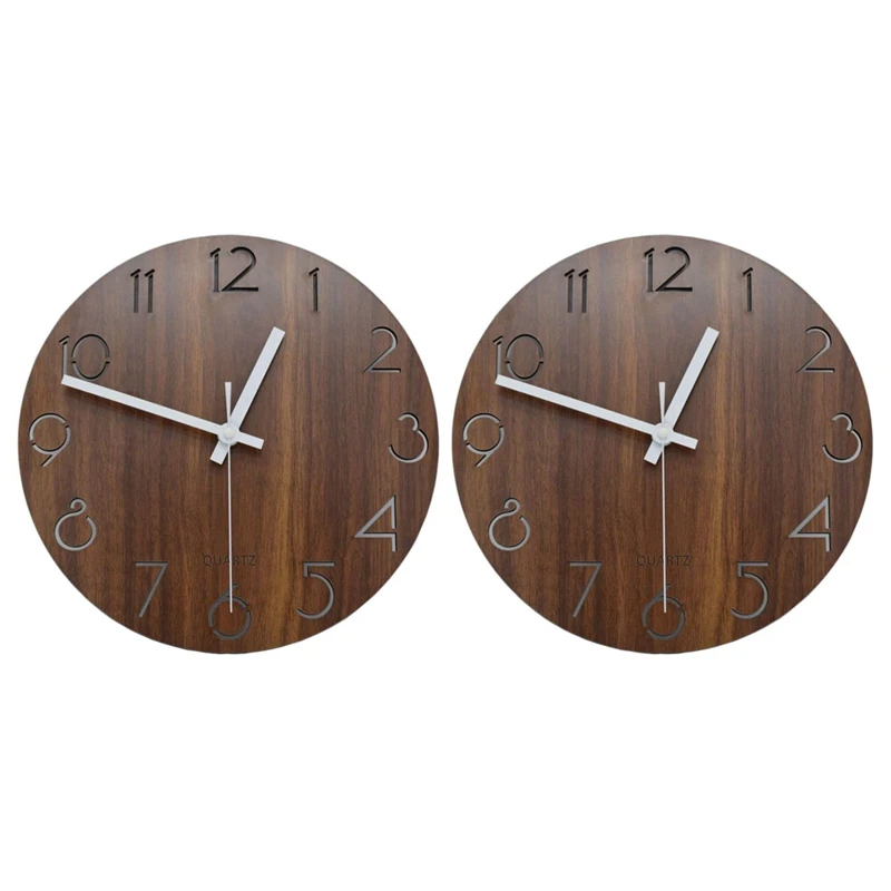 

2X 12 Inch Vintage Arabic Numeral Design Rustic Country Tuscan Style Wooden Decorative Round Wall Clock