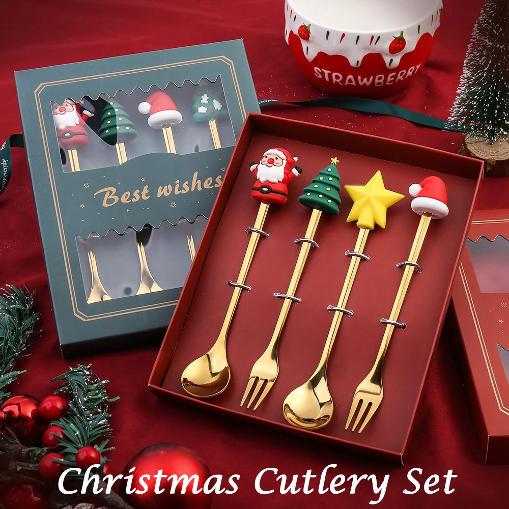 Christmas Tableware Stainless Steel Cutlery Set Kawaii Utensils Children Gift Santa Dinnerware Fork Spoons Sets