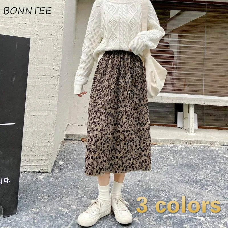 

Skirts Women Autumn All-match Daily Vintage Popular Teens Empire Ulzzang Mid-Calf Retro Floral Ins A-Line Stylish Charm Elegant