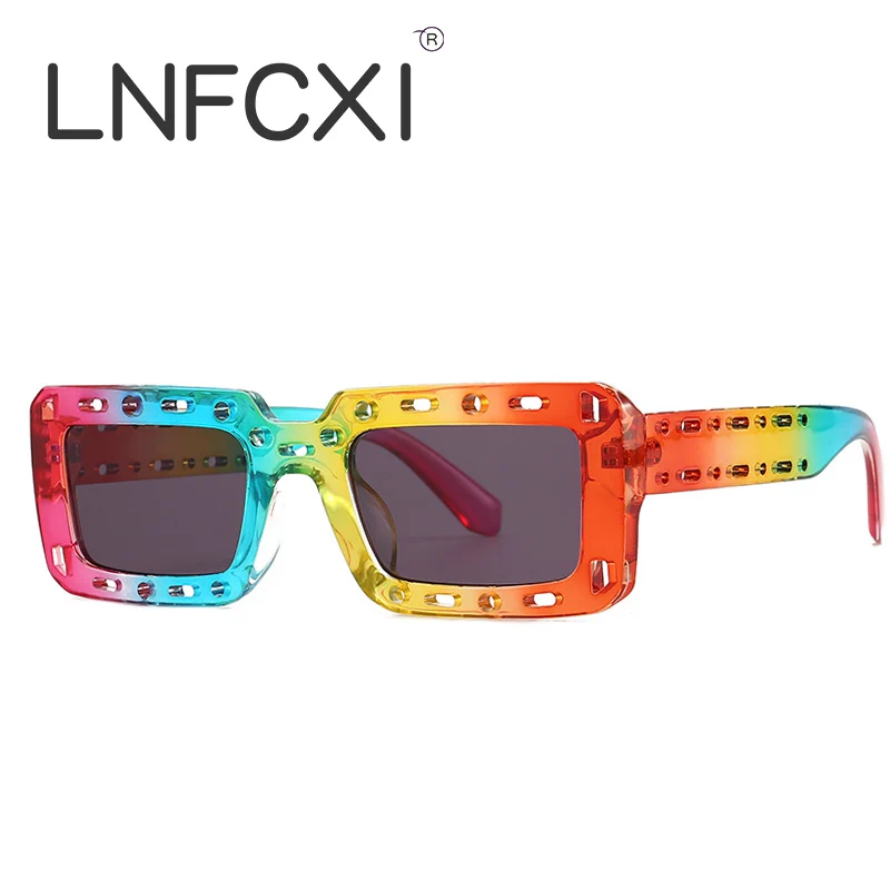 LNFCXI Colorful Fashion Rectangle Gradient Sunglasses Women Men Retro Unique Hollow Square Sun Glasses Shades UV400 |