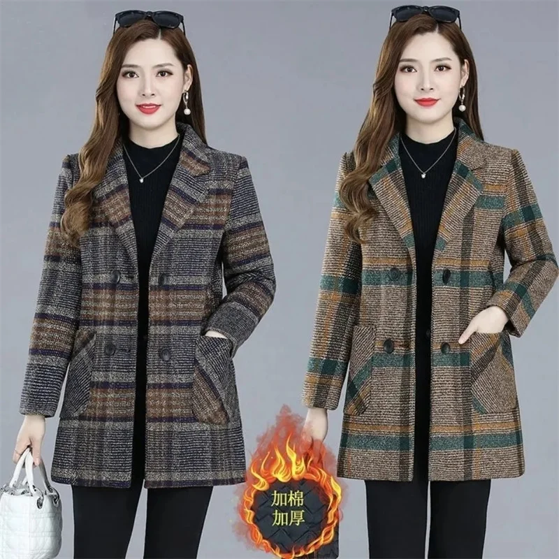 

Autumn And Winter Coat Fleece Woolen Coat Women's 2022 Mid-Elderly Mothers Wear Cotton Trench Coat Female Plaid Outwear