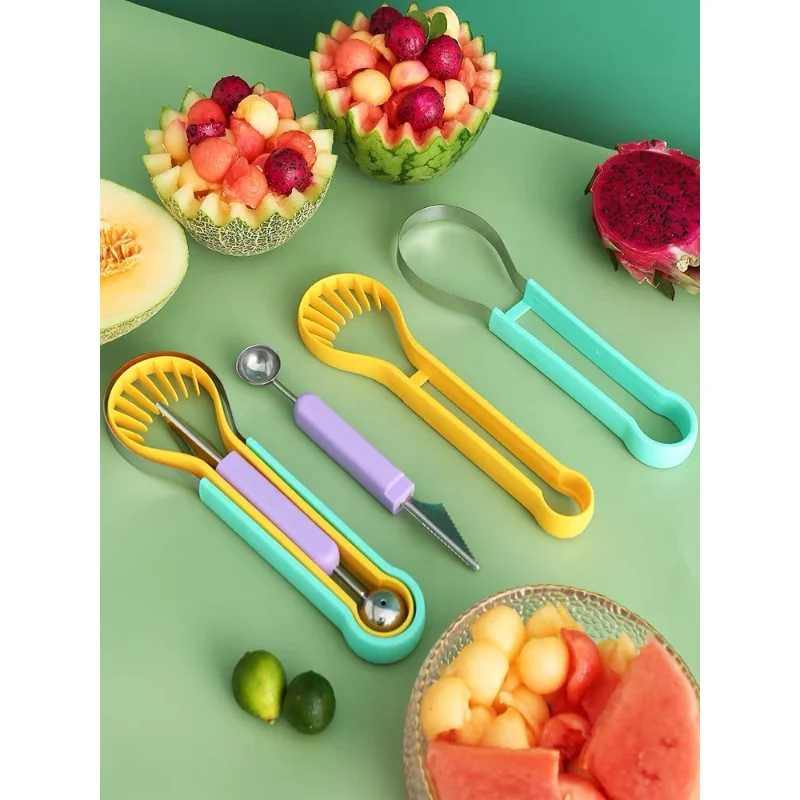 

Kitchen Fruit Platter Knife Set Sphere Digger Carving Melon Naan Digger Peeling 3-in-1 Tool Spoon