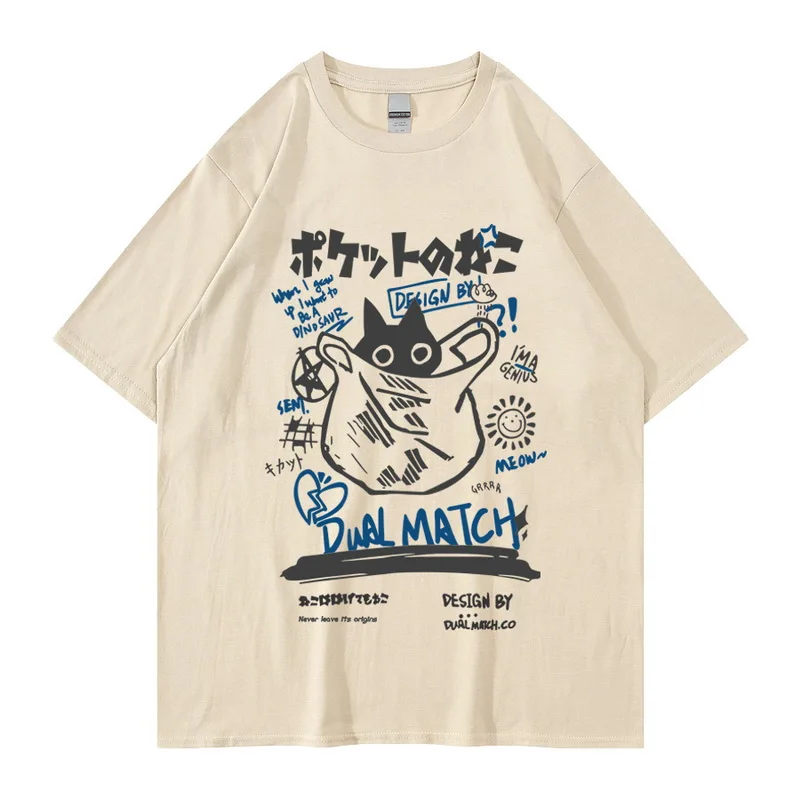 

Hip Hop T-Shirt Men Streetwear Japanese Kanji Funny Cat Printed Harajuku Casual Short Sleeve Tops Breathable Round Neck Clothing