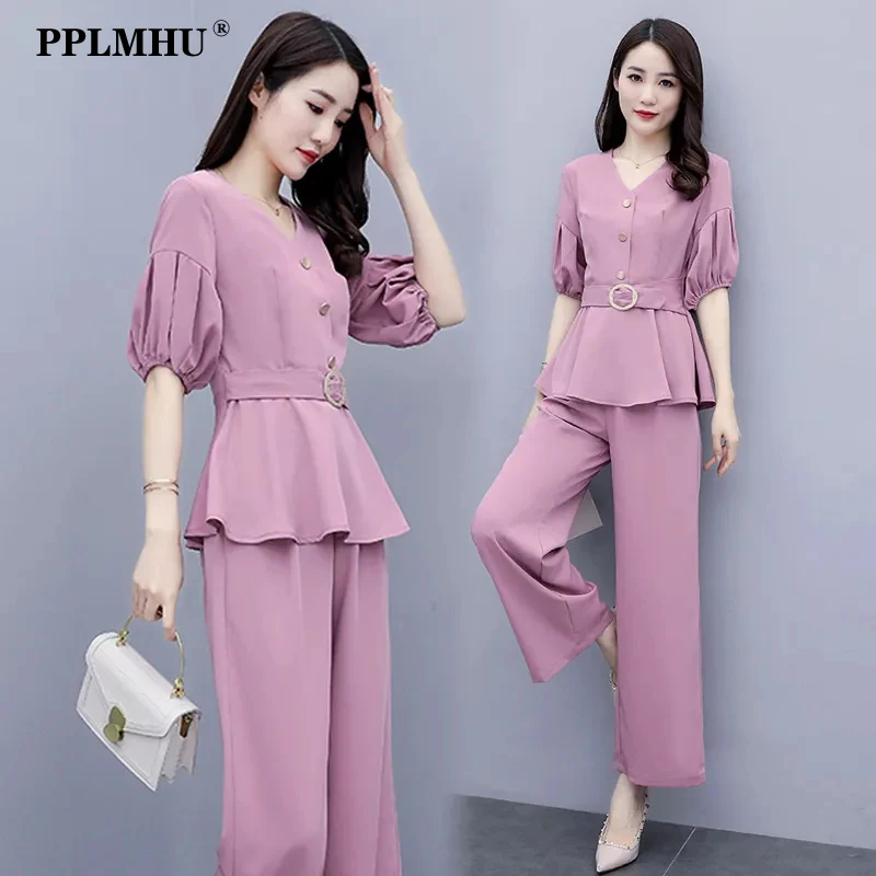 

Fashion Wide Leg Pant Suit Women 2 Piece Set Summer Korean Short Sleeve Ruffle Blouse+Ankle Length Straight Pants Elegant Outfit