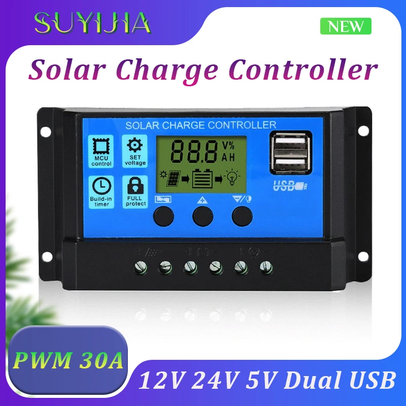 

Solar Controller 12V/24V 60A 50A 40A 30A 20A 10A LCD Display Dual USB 5V Output W/USB Port Solar Regulator PWM Battery Charger