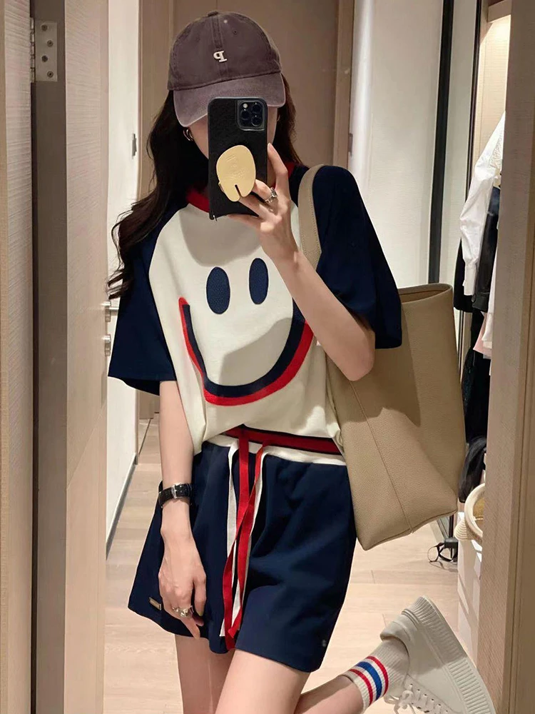 

Two Piece Set For WomenSmiley Face Embroidered Shorts 2 Piece Sets Women Outfit 2023 Summer New Loose Short Sleeved Tshirt Short