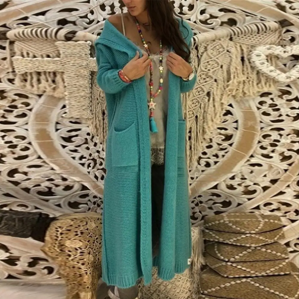 

Свободный свитер с длинным рукавом и двумя карманами, свитер с открытой передней частью, пальто, Осень-зима, однотонный длинный вязаный кардиган с капюшоном, женский свитер
