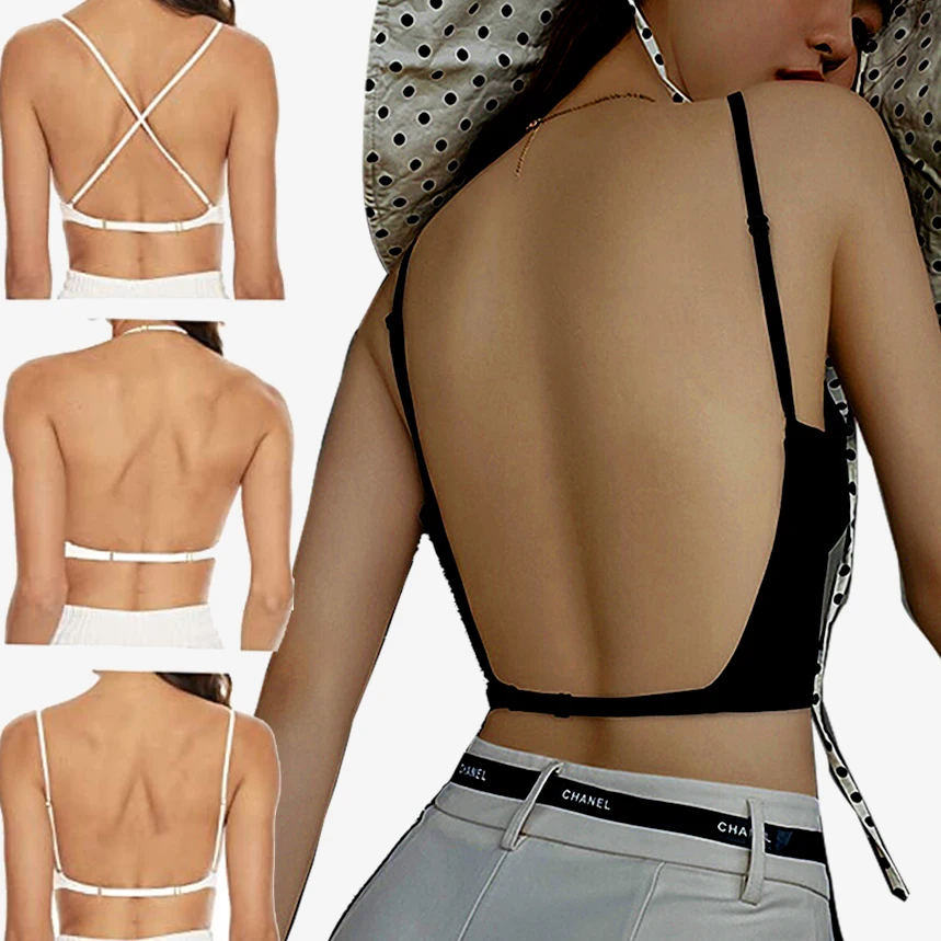 

Women Sexy Back Push Bra Ice Silk Vest Tops Wirefree Bras Camisoles Backless Crop Top Thin Bralette Suspender Lingerie Camisole