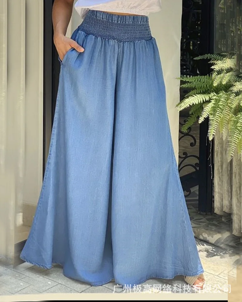 

High Waist Pocket Design Maxi Skirt Women Solid Color Spring Summer Full Length Long Loose Skirt Elastic