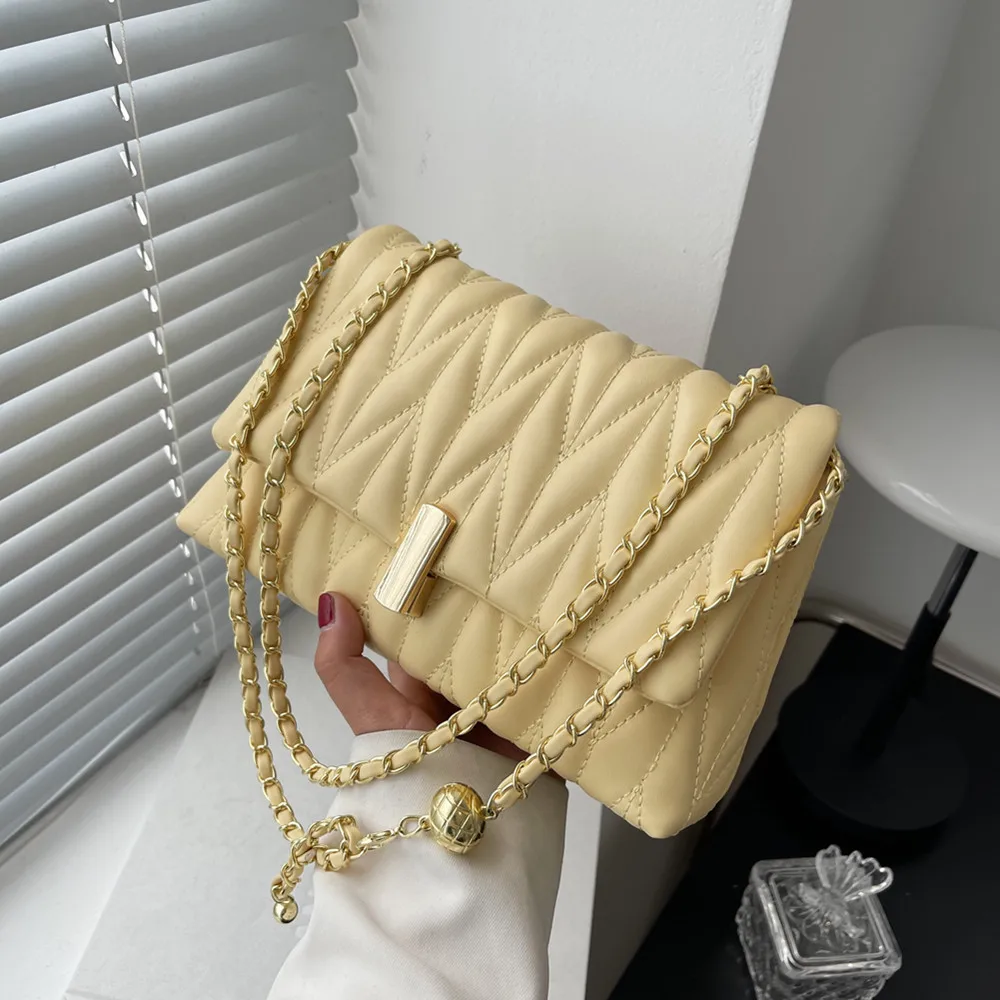 

Burminsa Chain Quilted Crossbody Shoulder Bags For Women 2022 Trend Fashion DesignTurn Lock Side Ladies Handbags Yellow Beige