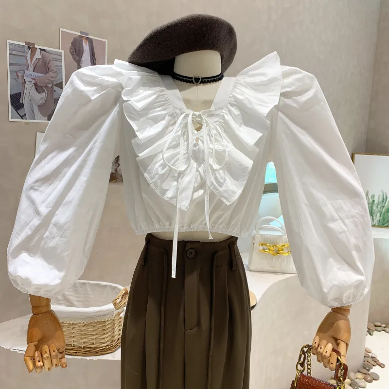 

Niche Design New Women 2022 Autumn Design Doll Neck V-neck Sweet Lace Up Long Sleeve Short Shirt Top Blusas Mujer De Moda 2022