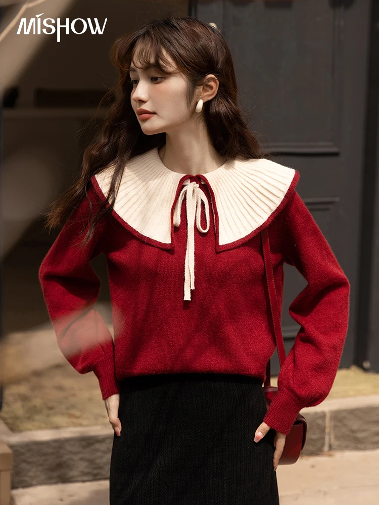 

MISHOW French Doll Collar Color Contrast Sweater for Women 2022 Autumn Winter Temperament Sweet Pullover Knitting Top MXB41Z0947