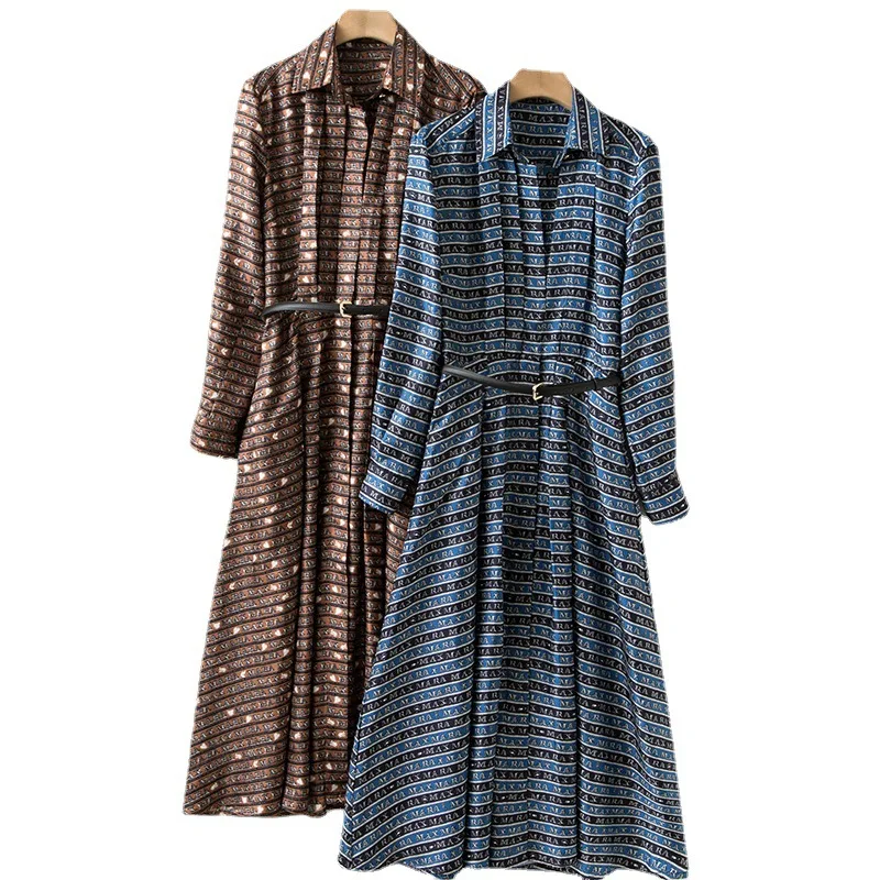 

Silk Shirt Dress Women's 2023 New Spring Summer Heavyweight Twill Silk Letter Print Long Sleeve Polo Neck