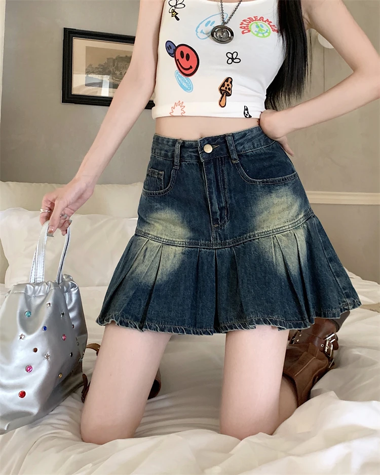 

Women's American Street Pleated Distressed Denim Short Skirt Summer New Simple Style Female Sexy Mini A-line Short Skirt