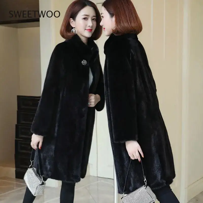 Winter Faux Mink Fleece Fur Coat Women Midi Stand Collar Faux Fur Jacket Thick Warm Loose Female Elegant Parka Outwear Plus 2022