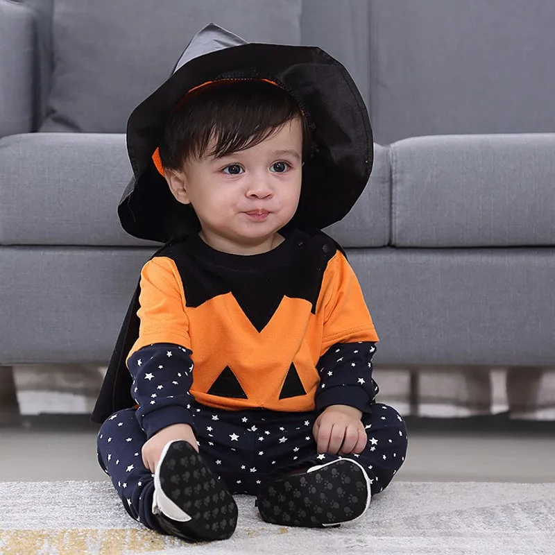 

Halloween Baby Girl Pumpkin 4pc Set Infant Toddlers baby boy clothes Long sleeved Pants Hat Cape Four Piece Set Holiday Wear