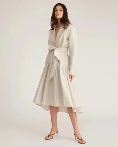 

Женское льняное платье-миди с асимметричным подолом, модельное дизайнерское платье-поло с длинным рукавом и поясом, Осень-зима