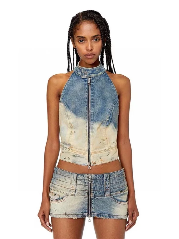 

Новинка лета 2023, женский джинсовый жилет, комплект из двух предметов, корсет без рукавов, Модный женский костюм y2k, Топ высокого качества, фут...