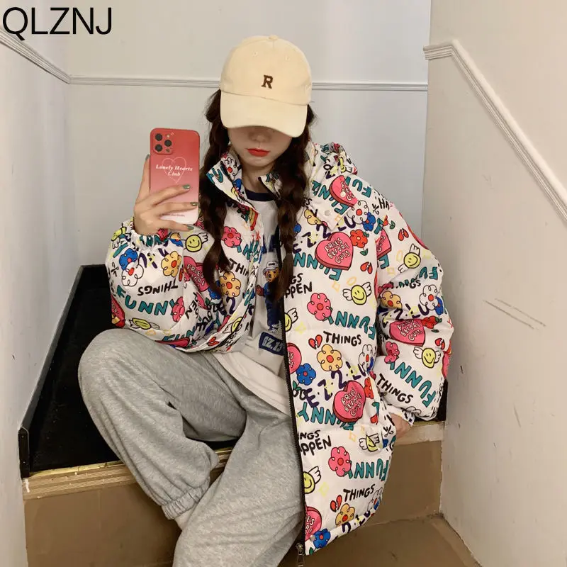 Winter Jacket Woman Cute Print Cotton Padded Quilted Jacket Ladies Warm Hooded Parkas Harajuku Casual Long Sleeve Bubble Coats