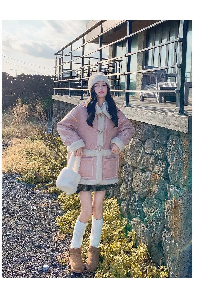 2024 зимняя новая замшевая шуба с роговими пуговицами интегрированная кофейного