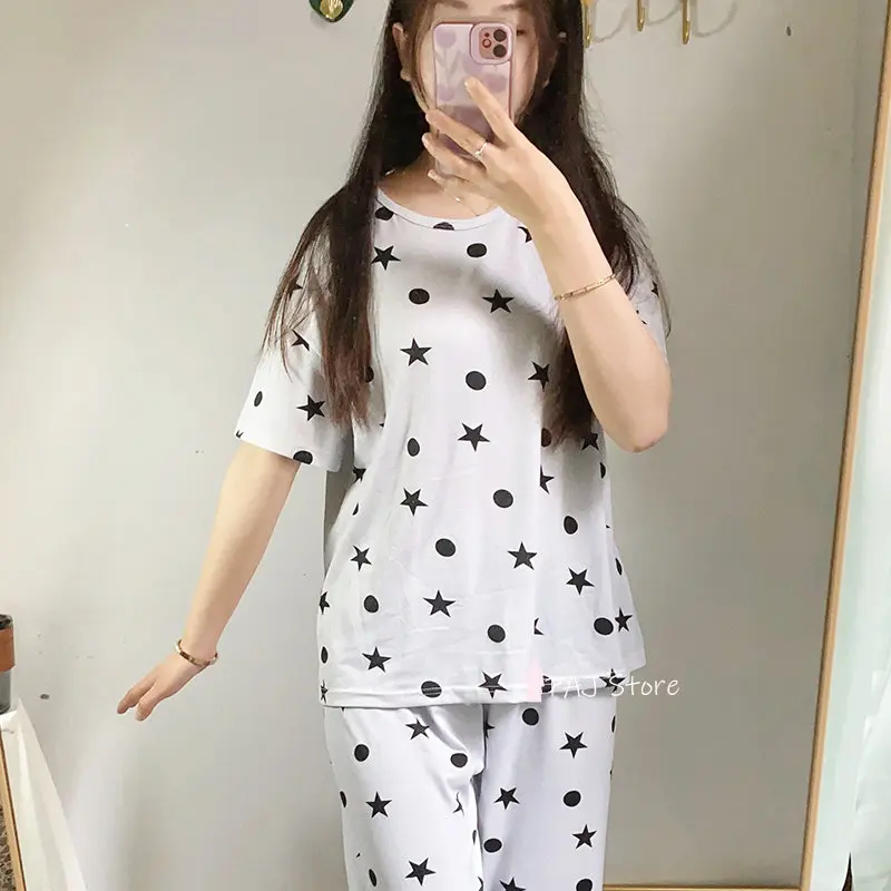 Summer Women's Pajamas Set Short sleeve Two Piece Set Sleepwear Home Wear Nightwear Pyjamas Lingerie Plus Size Sleep Sets