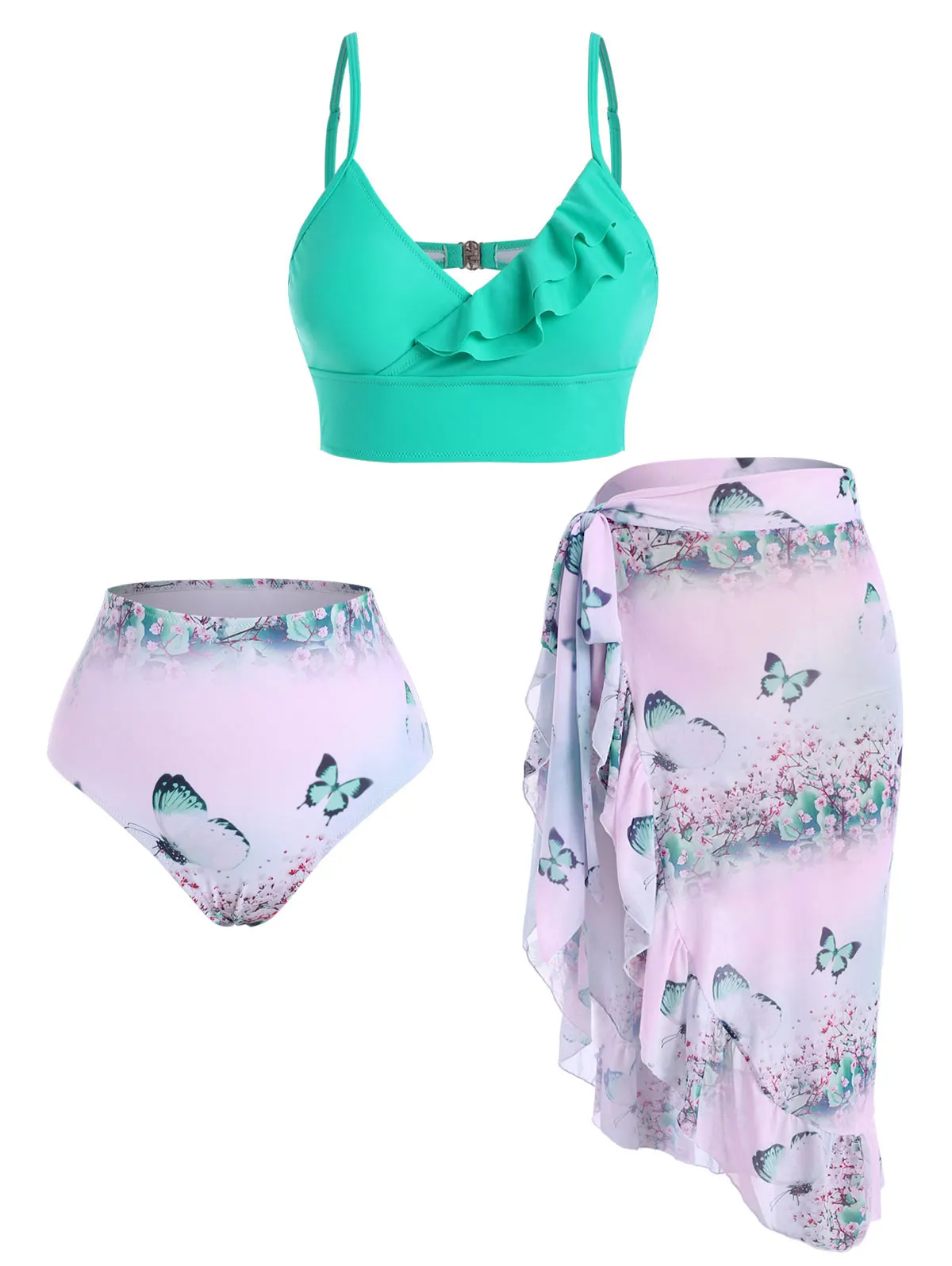 

Floral Butterfly Print Mesh Ruffle Three Piece Tankini Padded Crop Mesh Skirt Sexy Y2K Full Coverage High Rise Contrast Swimsuit