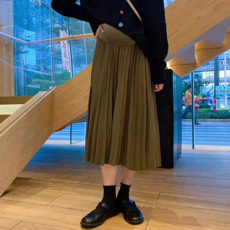 

8853# Autumn Winter Fashion Pleated Maternity Skirts Elastic Waist Belly A line Loose Clothes for Pregnant Women Pregnancy Skirt