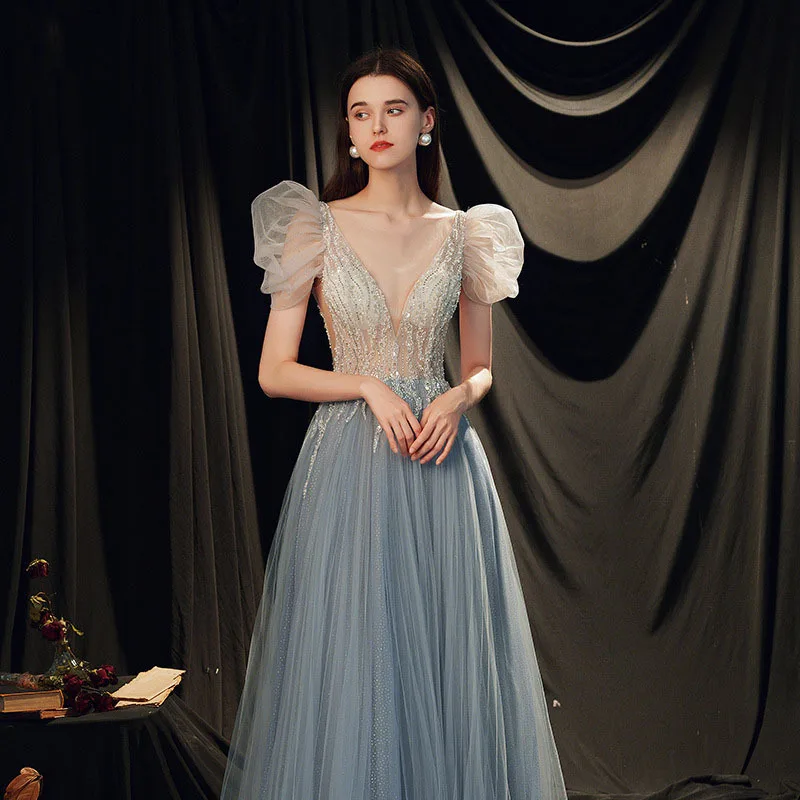 

Женское вечернее платье с V-образным вырезом, белое платье с пышными рукавами и глубоким V-образным вырезом в стиле Звезд, для свадебных торжеств и вечеринок,