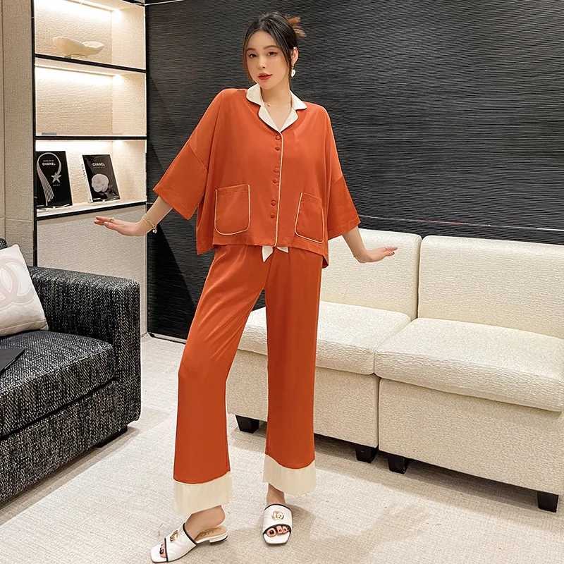 2022 women's pajamas ice silk long-sleeved suit solid color home wear women clothing sets summer plus size
