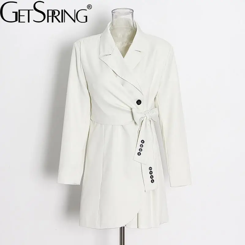 

GetSpring Women Dress Temperament Notched Full Sleeve Single Button Bow Blazer Dress Irregular Bandage Short Spring Dresses 2022