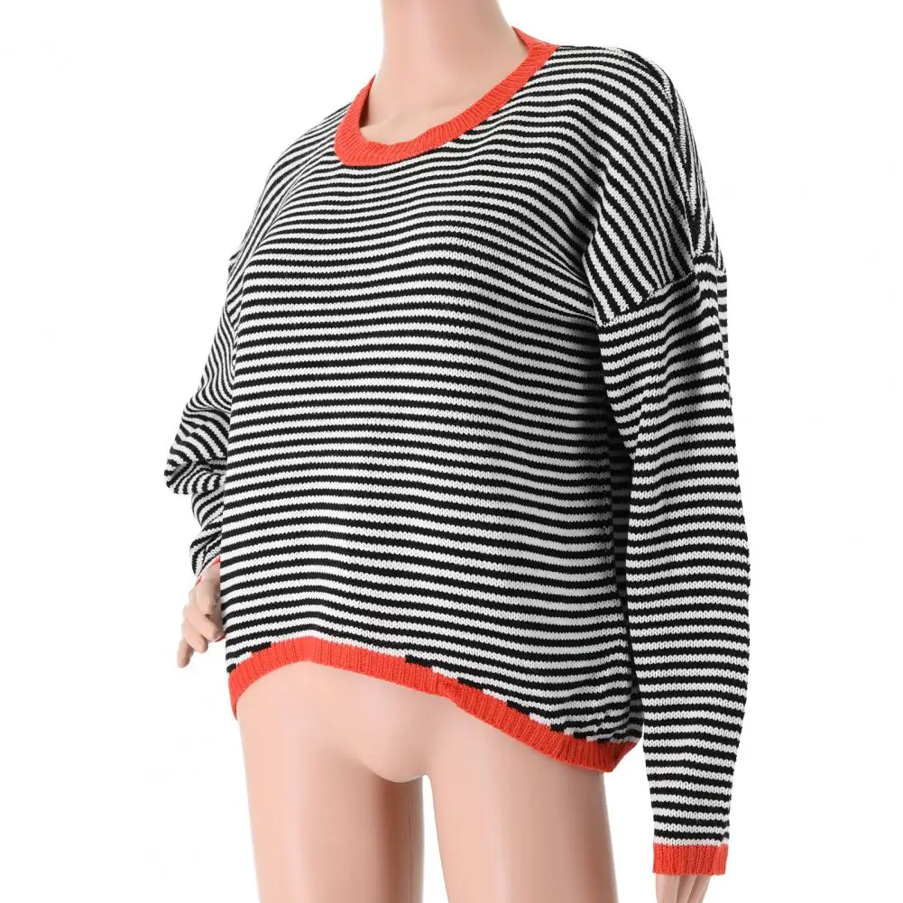 

Повседневный свитер с длинным рукавом, стильный женский легкий вязаный свитер с круглым вырезом и длинным рукавом, полосатый контрастный цвет на осень