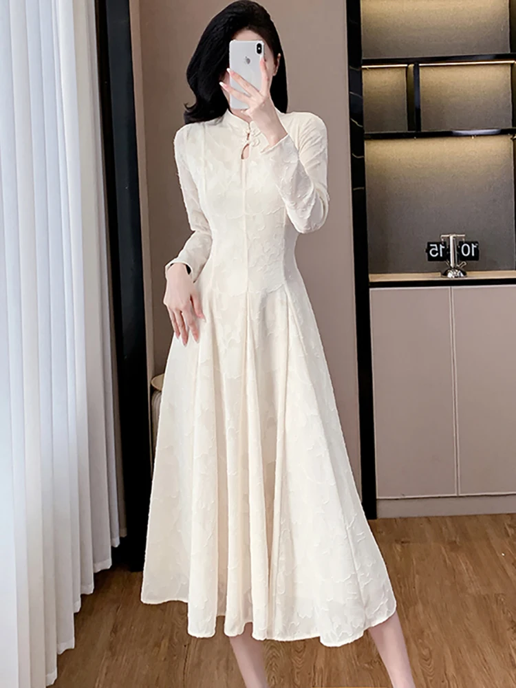 Осенне-зимнее белое жаккардовое шикарное длинное платье с оборками женское