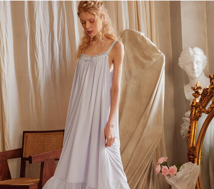 Women's Retro Court Style Elegant Gauze Stitching Slip Dress Outer Robe Two Piece Set Cotton Nightgowns Sleepshirts Sleepwear