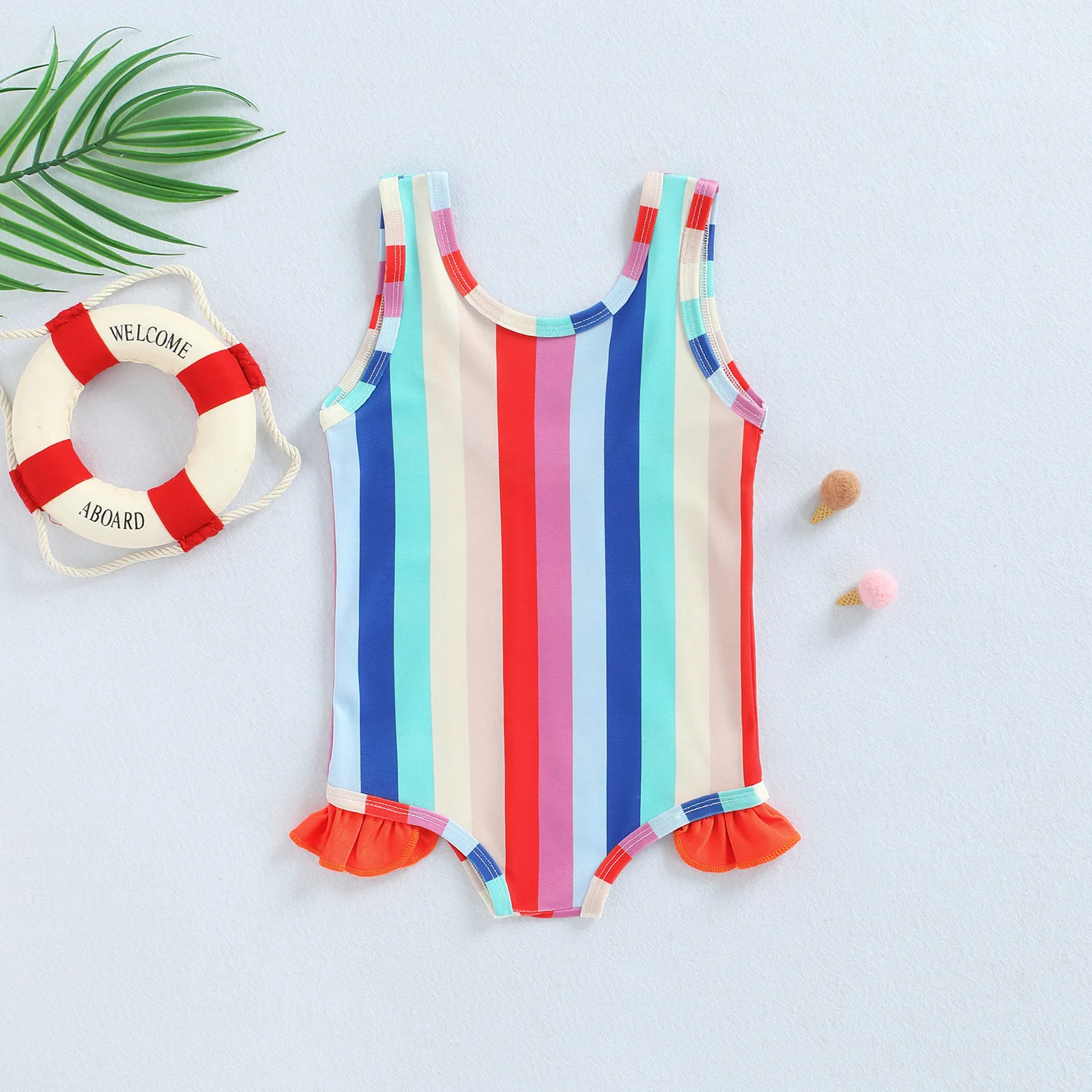 

Летний детский купальный костюм для девочек, пляжный купальник без рукавов в полоску с оборками, одежда