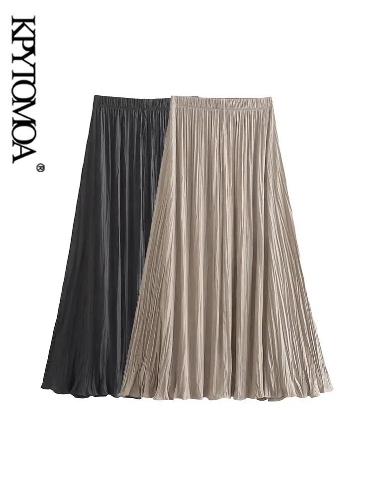 

KPYTOMOA Women Fashion Pleated Asymmetric Midi Skirt Vintage High Waist With Elasticated Waistband Female Skirts Mujer