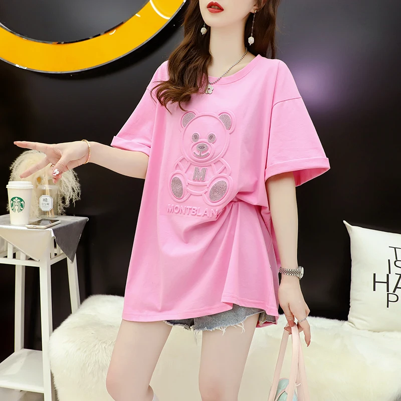 

Summer Women Fashion Top Cute Bear Loose Plus Size Bump Hot Drill T-shirt Women Kawaii Graphic T Shirts Ladies Tops 2022