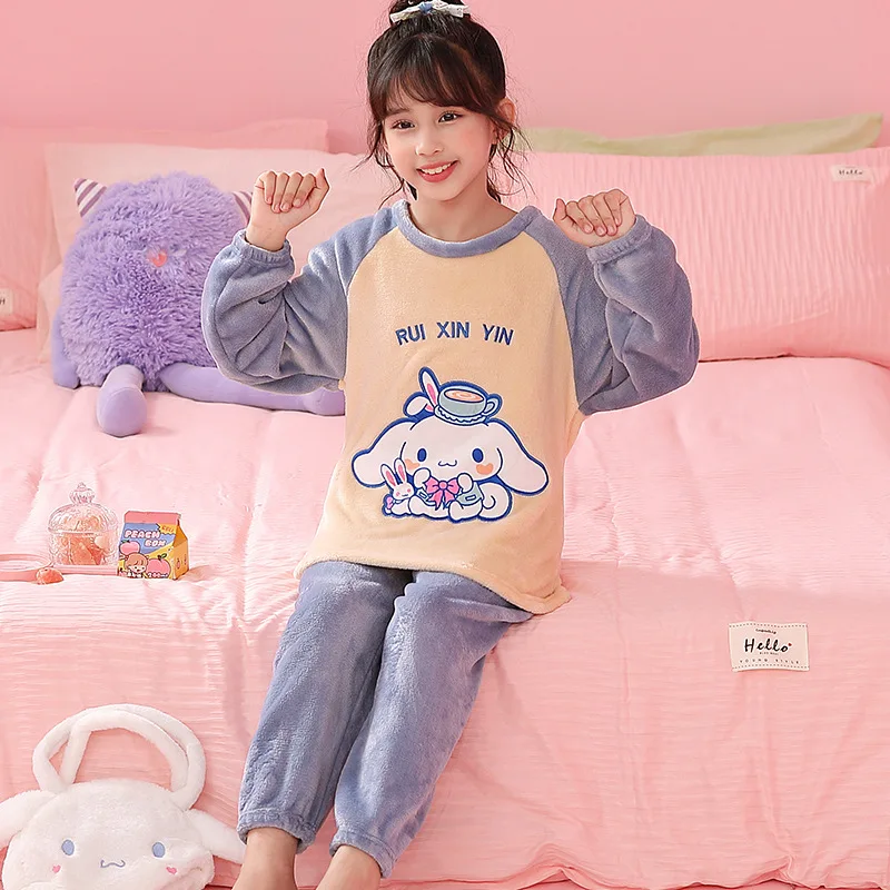 

Sanrio Cinnamoroll Детская плюшевая Пижама Набор Kawaii Hello Kitty Kuromi коралловый флис утепленная ночная рубашка Y2K подарок для девочки