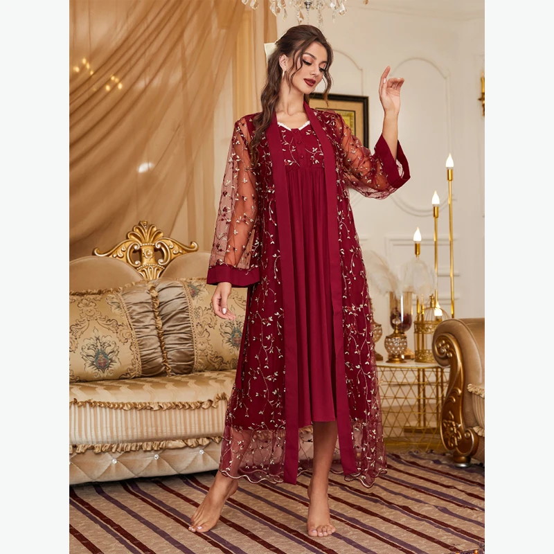 MAYMOLI Luxury Women Sleepwear Wine Red Golden Embroidery Robe & Nightdress Set Comfortable Palace Style Night Dress Homewear