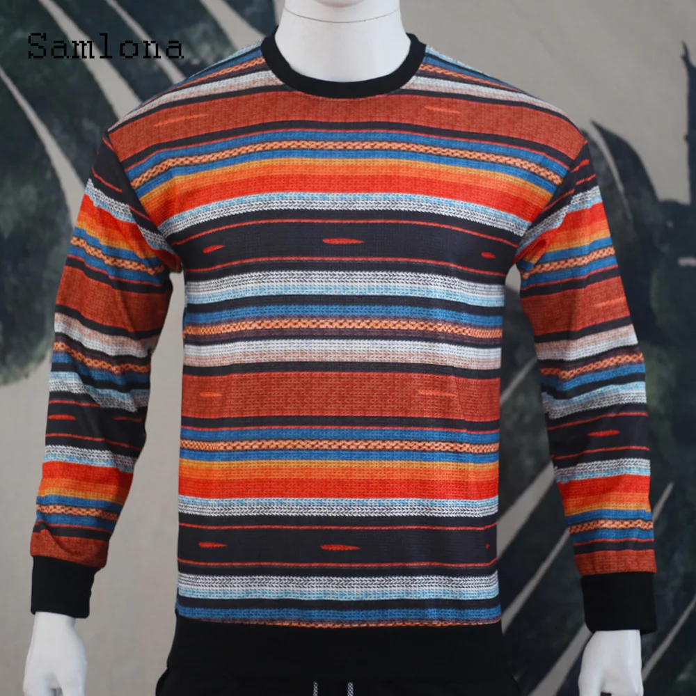 Samlona Plus Size Men Knitting Sweater 2023 New Spring Waffle Pullovers Mens Top Streetwear Male Retro Striped Print Sweaters