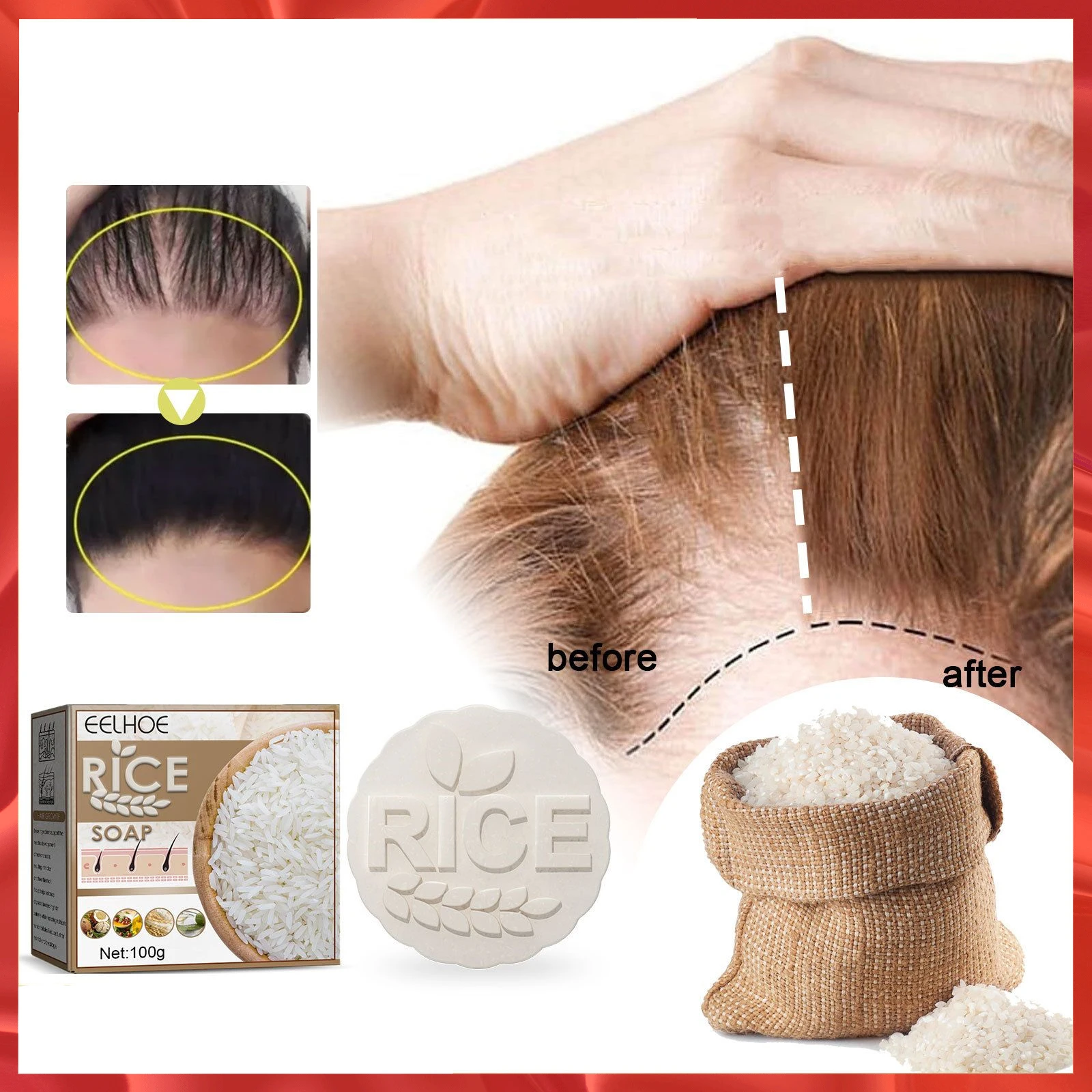 

Hair Growth Shampoo Natural Ingredients Rice Soap Anti-hair Loss Nourish Repair Damaged Fast Hair Dense Regrowth Rice Soap 100g