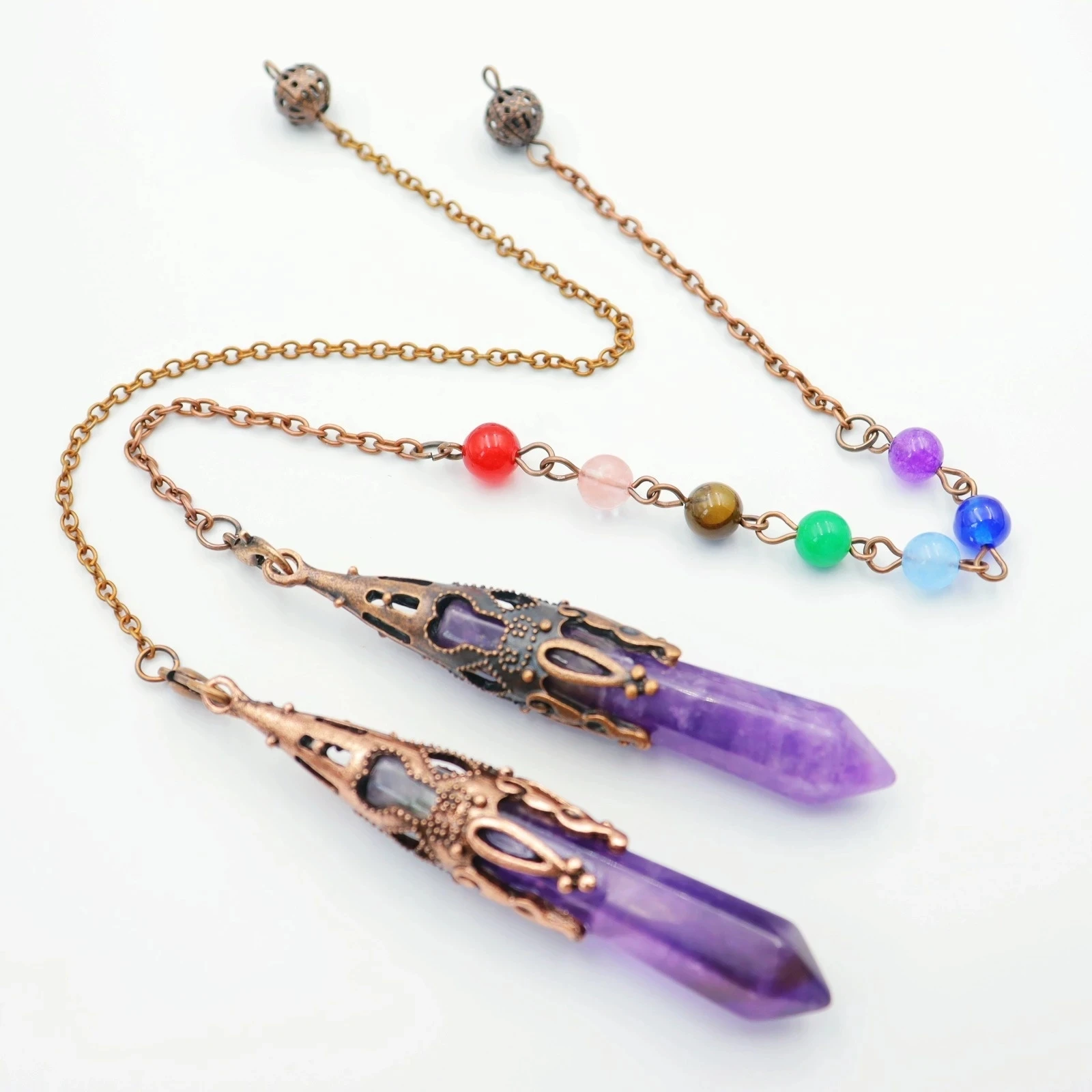 

Reiki 7 Chakra Chain Pendulums For Dowsing Natural Stone Hexagonal Prism Healing Point Amethyst Pendants Crystal Antique Jewelry